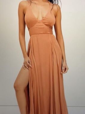 Free People Maxi Dress - Women's Rust Maxi Dress with Deep V and 2 Side Slits